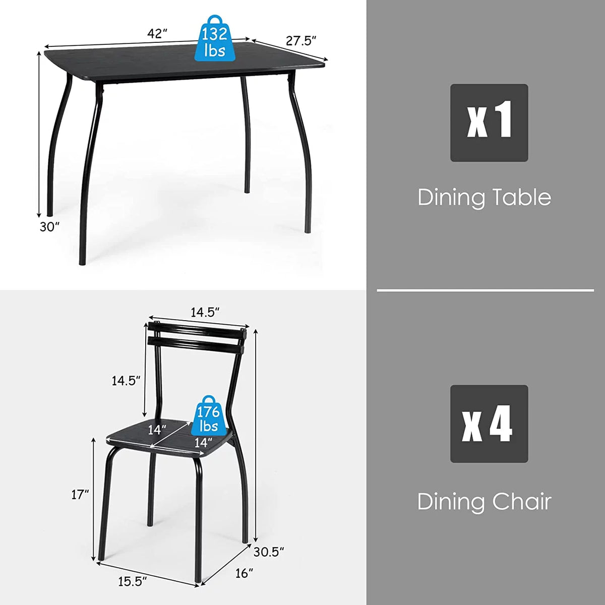 5 Piece Kitchen Dining Table Set with 4 Chairs Black E660