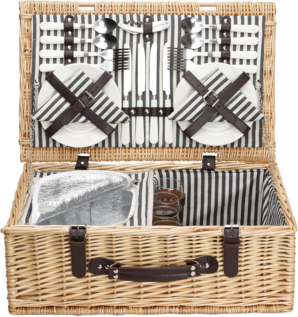 Willow Wicker Picnic Basket Set for 4 with Insulated Cooler Bag Y982981