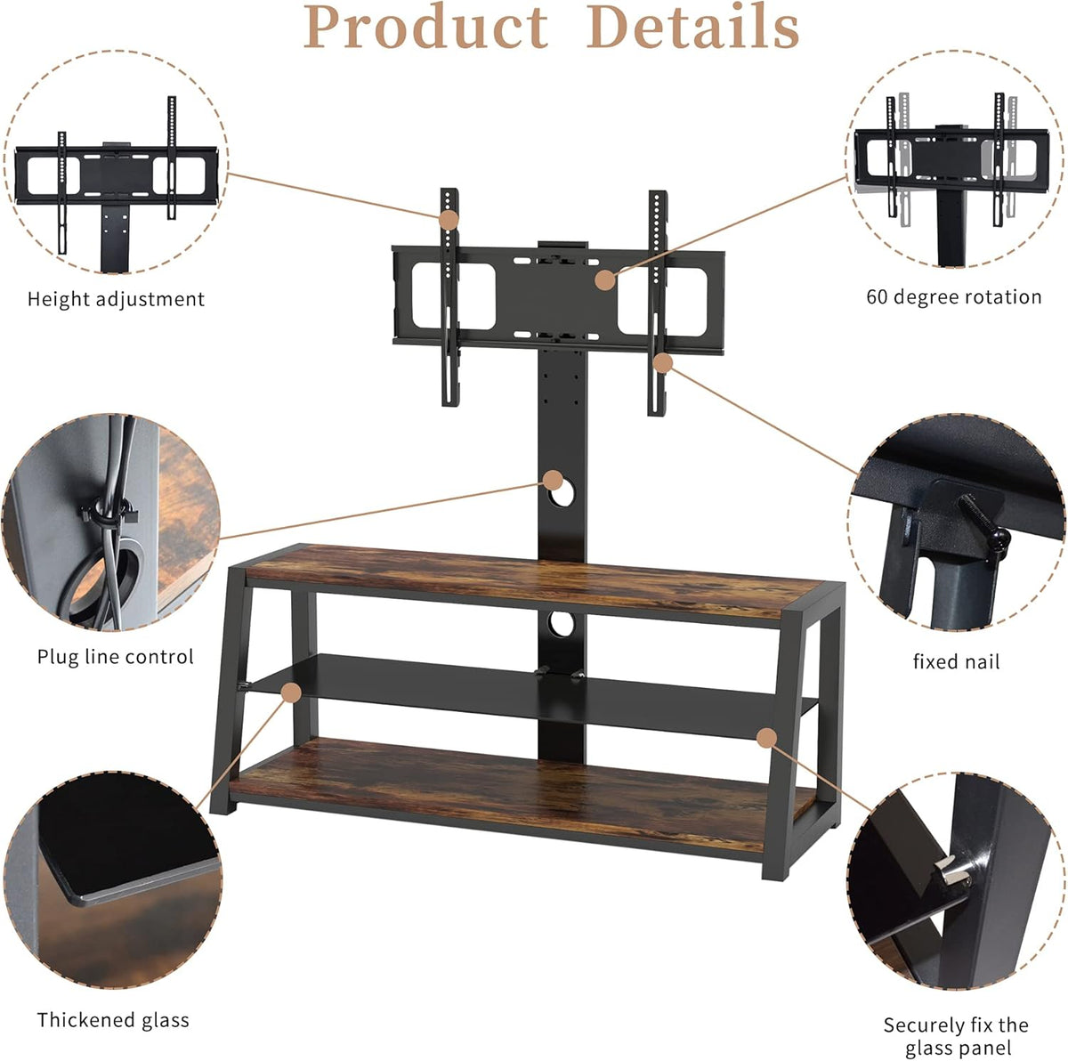 Swivel Floor TV Stand with Adjustable Tempered Wooden Shelves Y84422