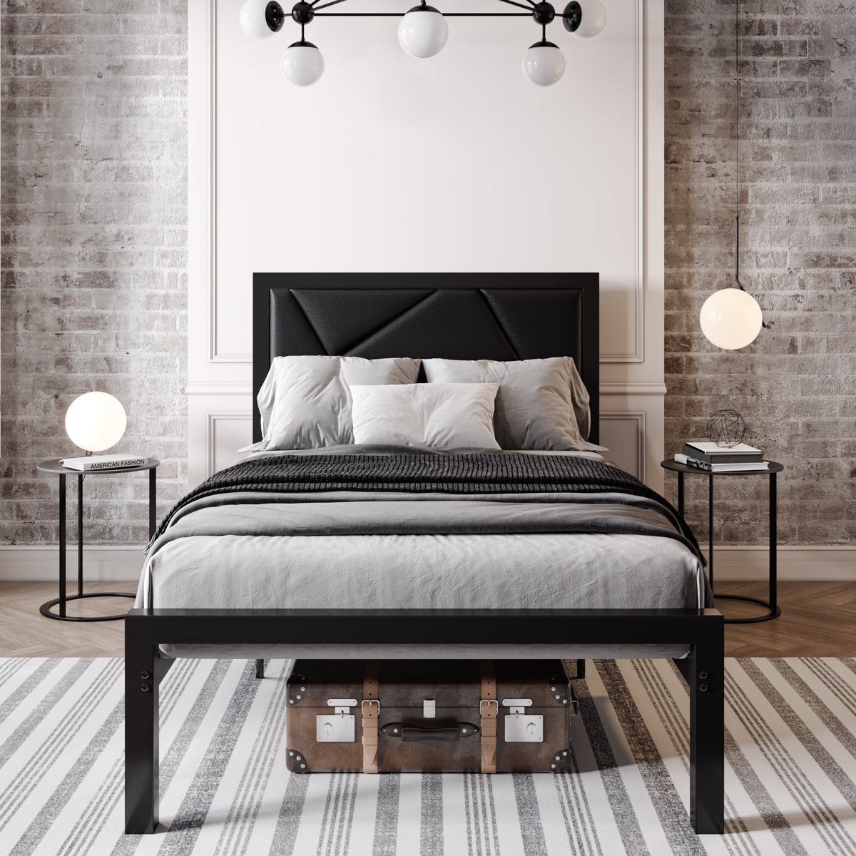 Black Queen Size Metal Platform Bed Frame with Leather Headboard S753525