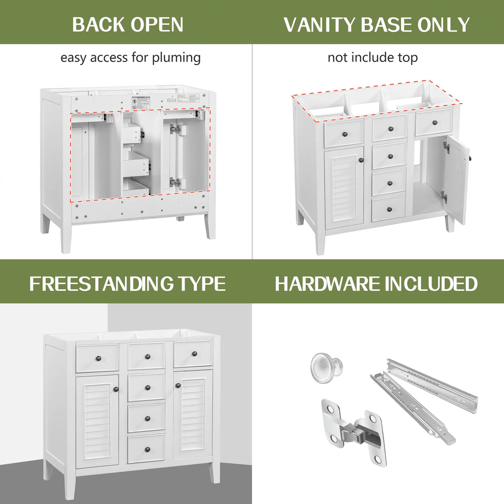 36" White Bathroom Vanity Base Only with 5 Drawers, 2 Doors, Solid Wood Frame O49837