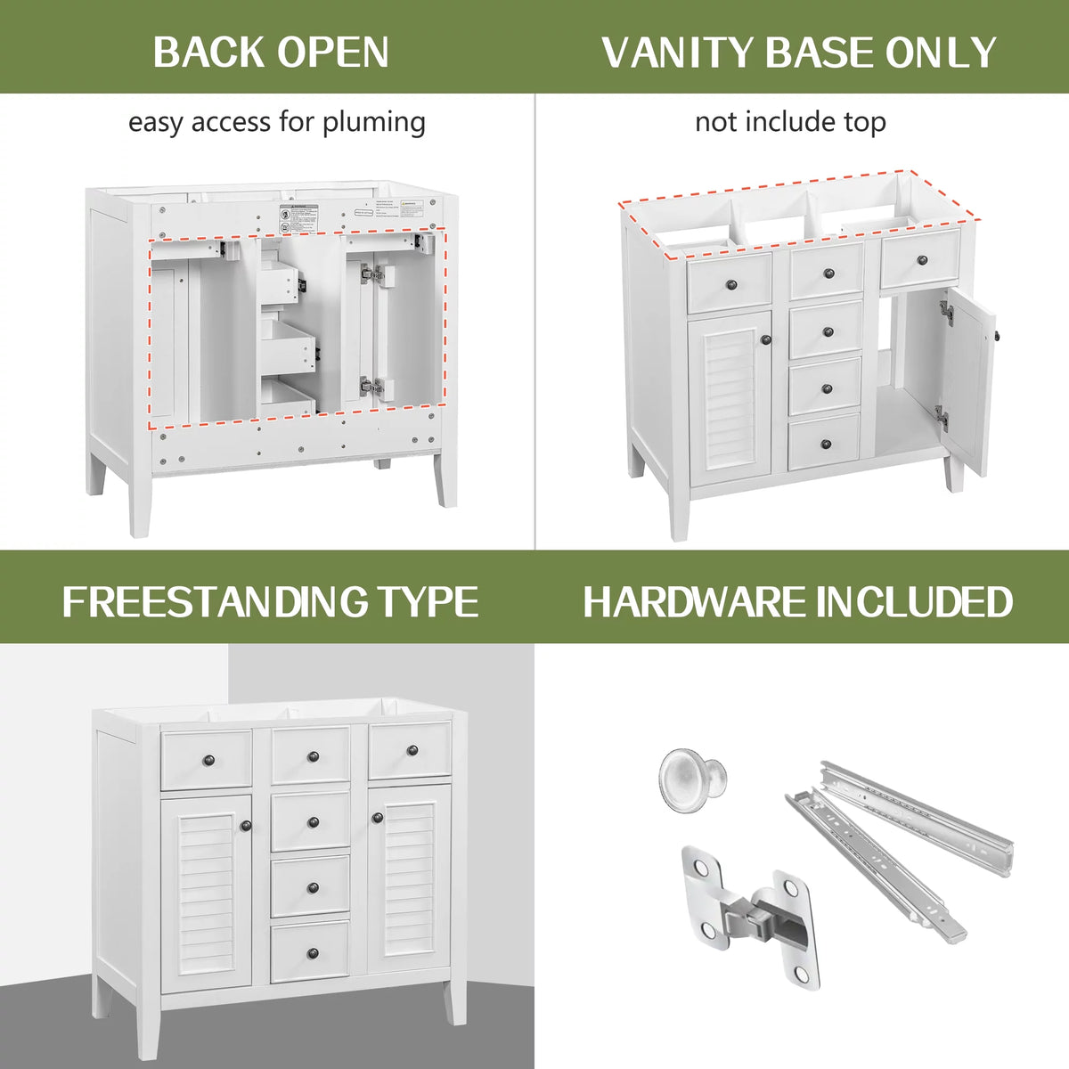 36" White Bathroom Vanity Base Only with 5 Drawers, 2 Doors, Solid Wood Frame O49837