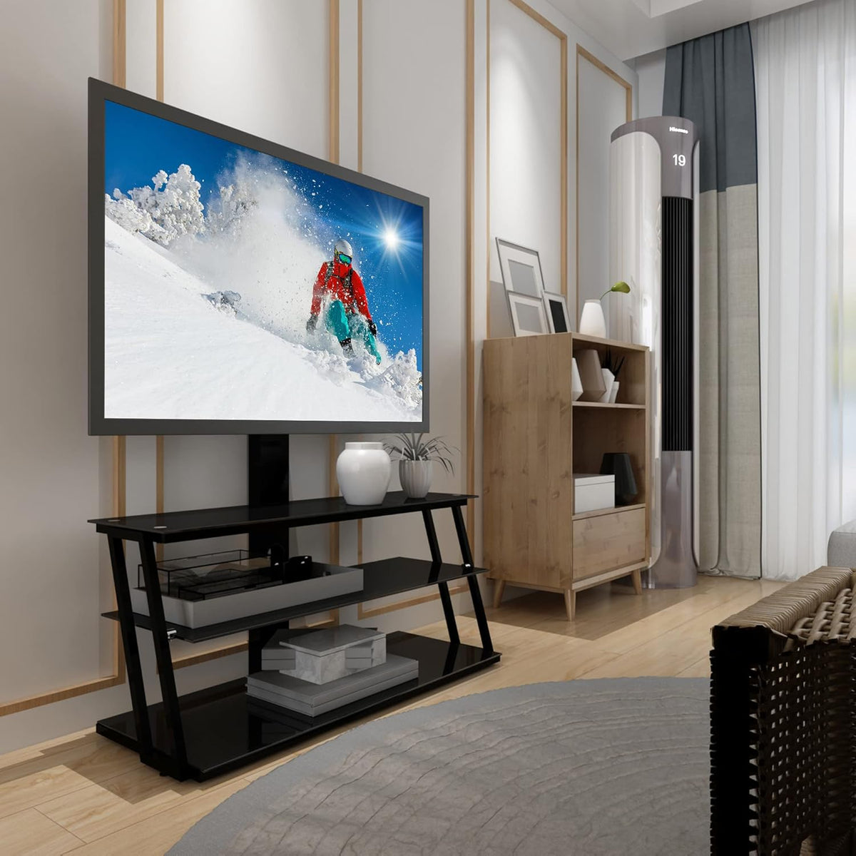 Swivel Floor TV Stand with Adjustable Tempered Wooden Shelves Y84422