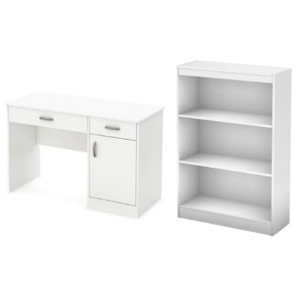 Small Desk with Drawers and 3-Shelf Bookcase Set in Pure White C3342