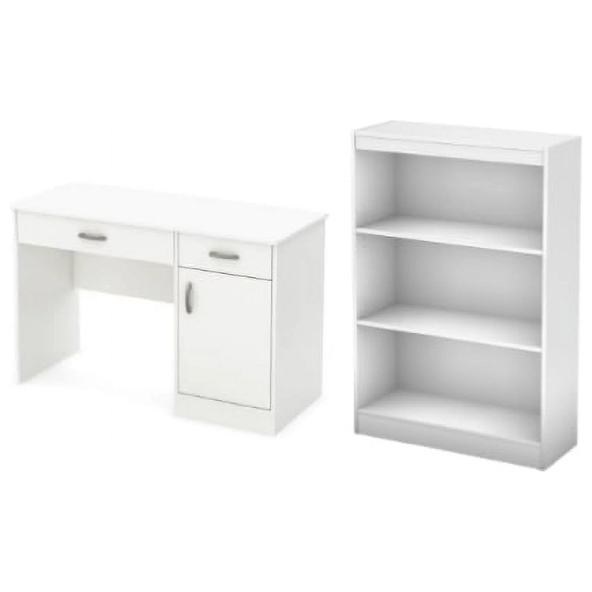 Small Desk with Drawers and 3-Shelf Bookcase Set in Pure White C3342