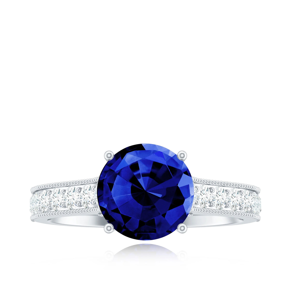 Created Blue Sapphire Solitaire Engagement Ring with Diamond, 925 Sterling Silver J77502
