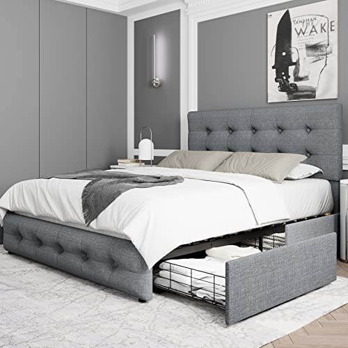 Black Queen Upholstered Platform Bed Frame with 4 Storage Drawers N13042