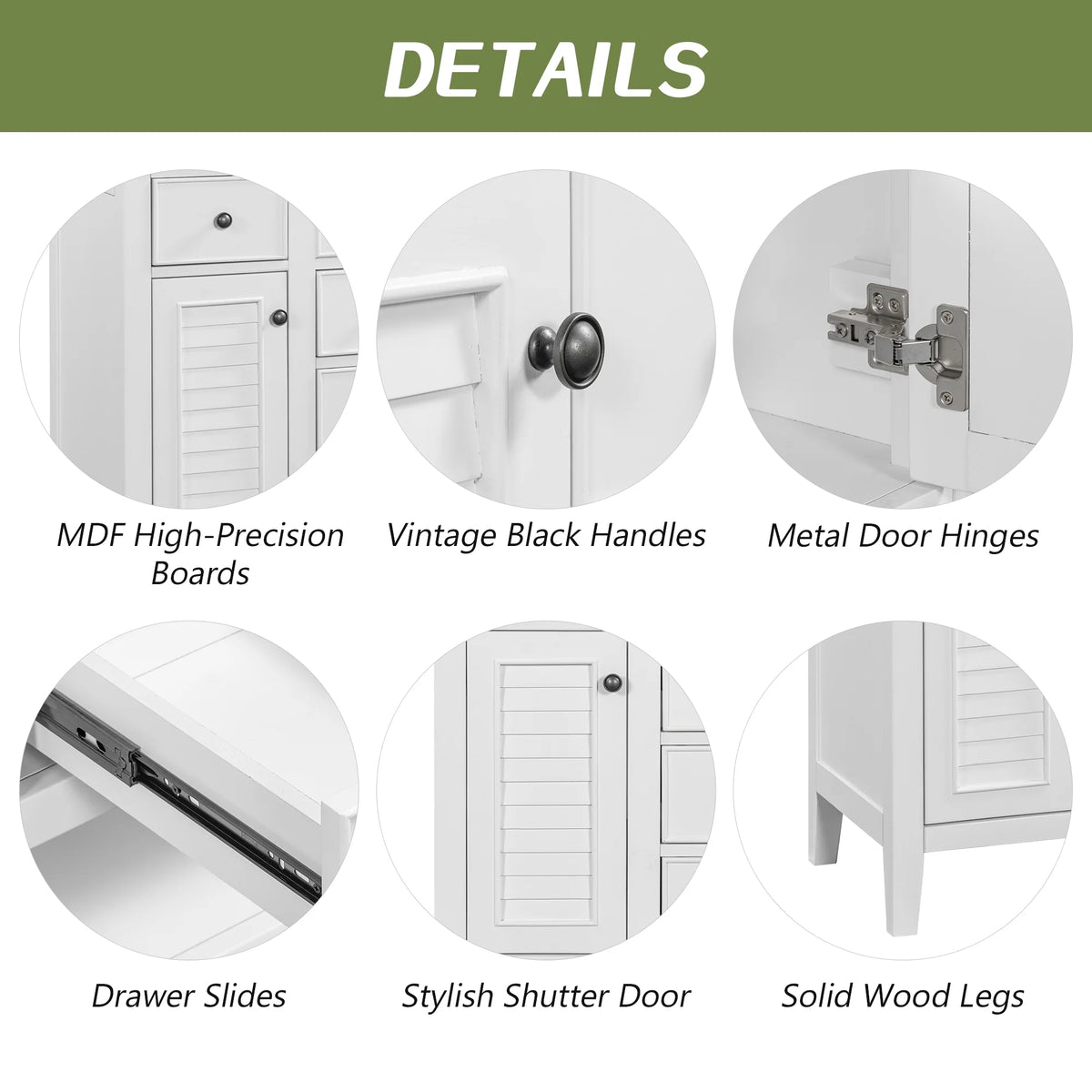 36" White Bathroom Vanity Base Only with 5 Drawers, 2 Doors, Solid Wood Frame O49837