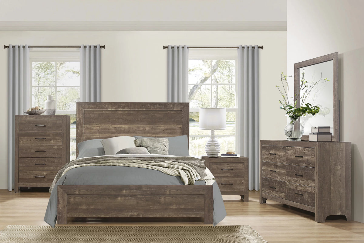 King Size Sleigh Bed Dresser Mirror Night Stand Rustic Brown Y945