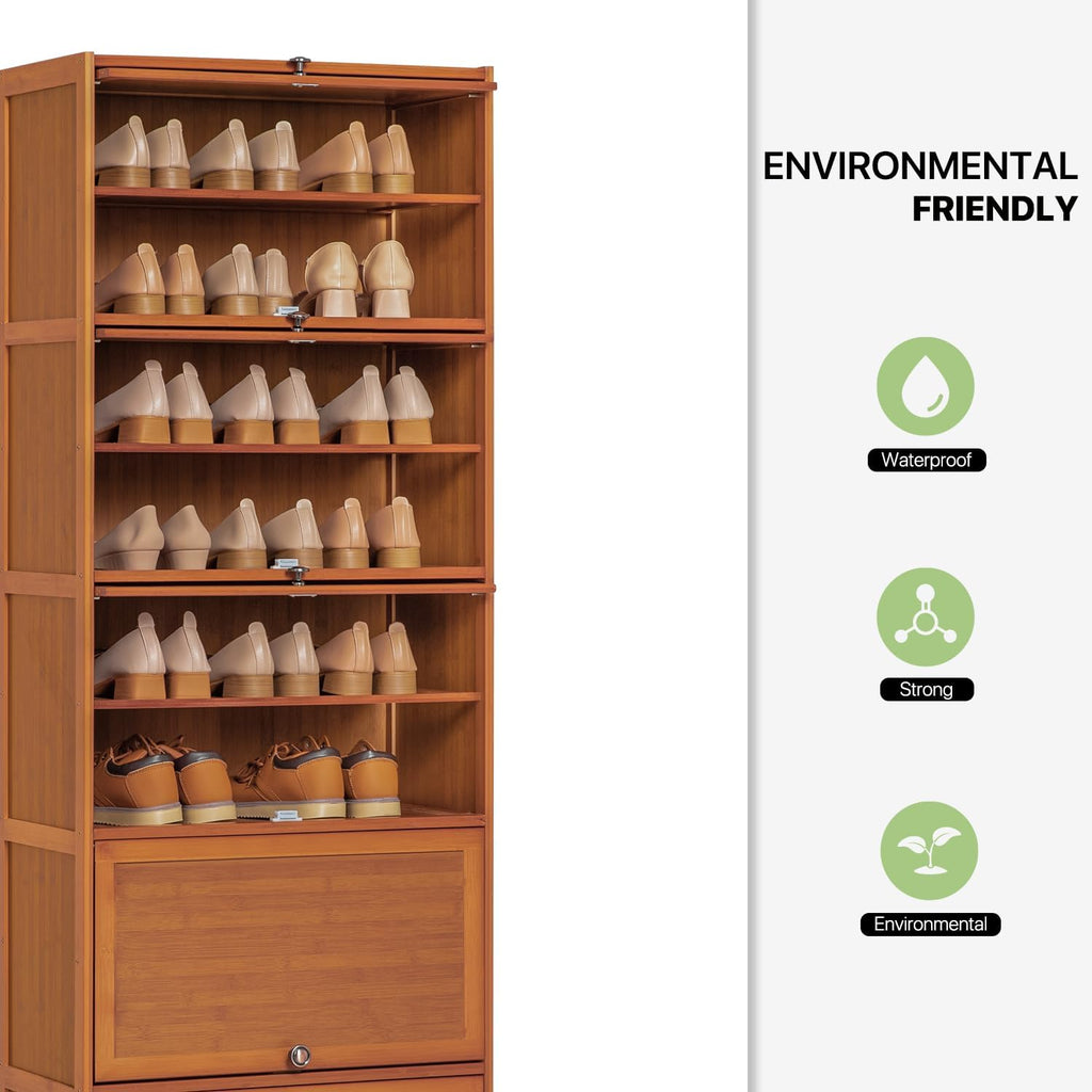 Tall Bamboo Shoe Storage Cabinet with Doors, 10 Tier Freestanding Shoe Shelf Rack B8831