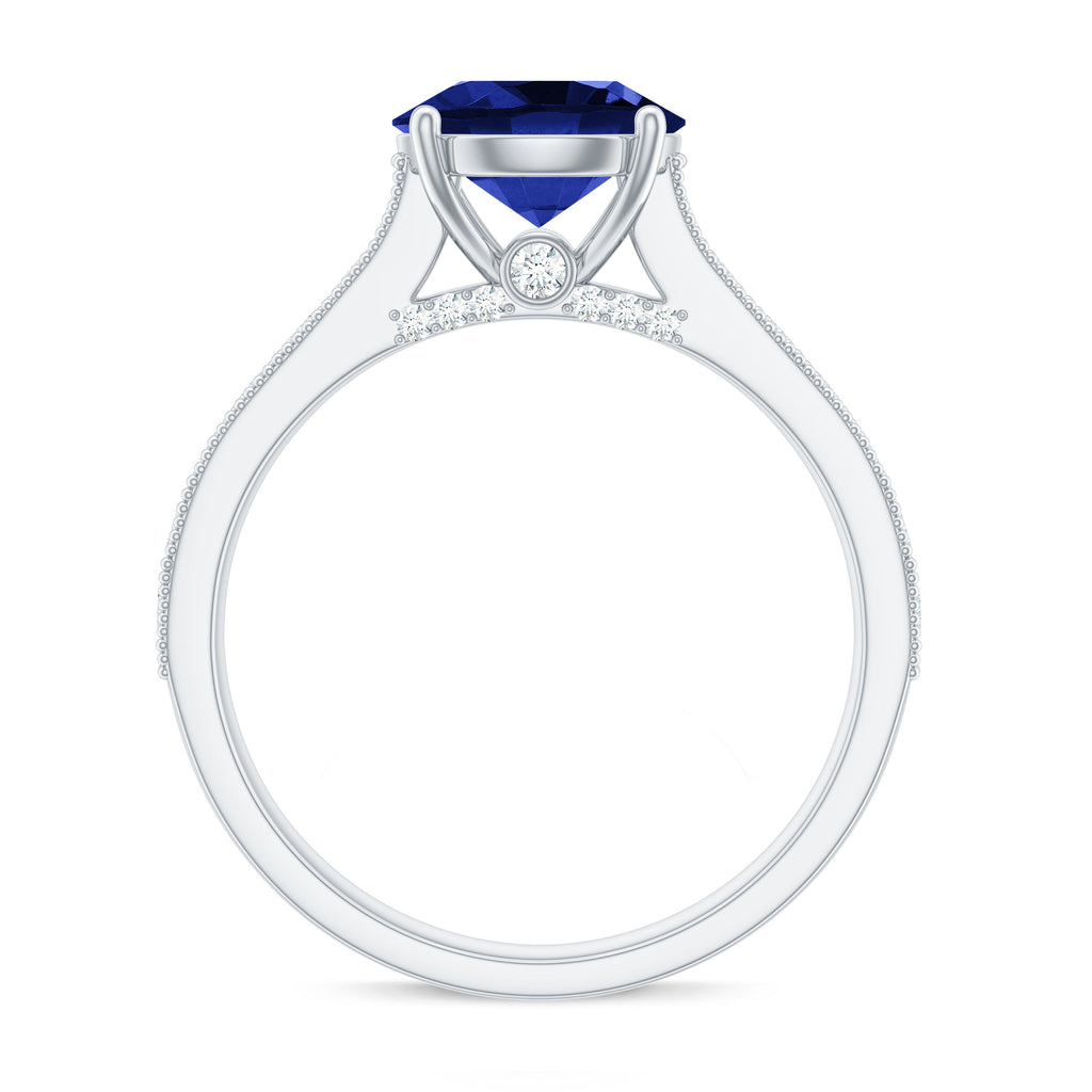 Created Blue Sapphire Solitaire Engagement Ring with Diamond, 925 Sterling Silver J77502