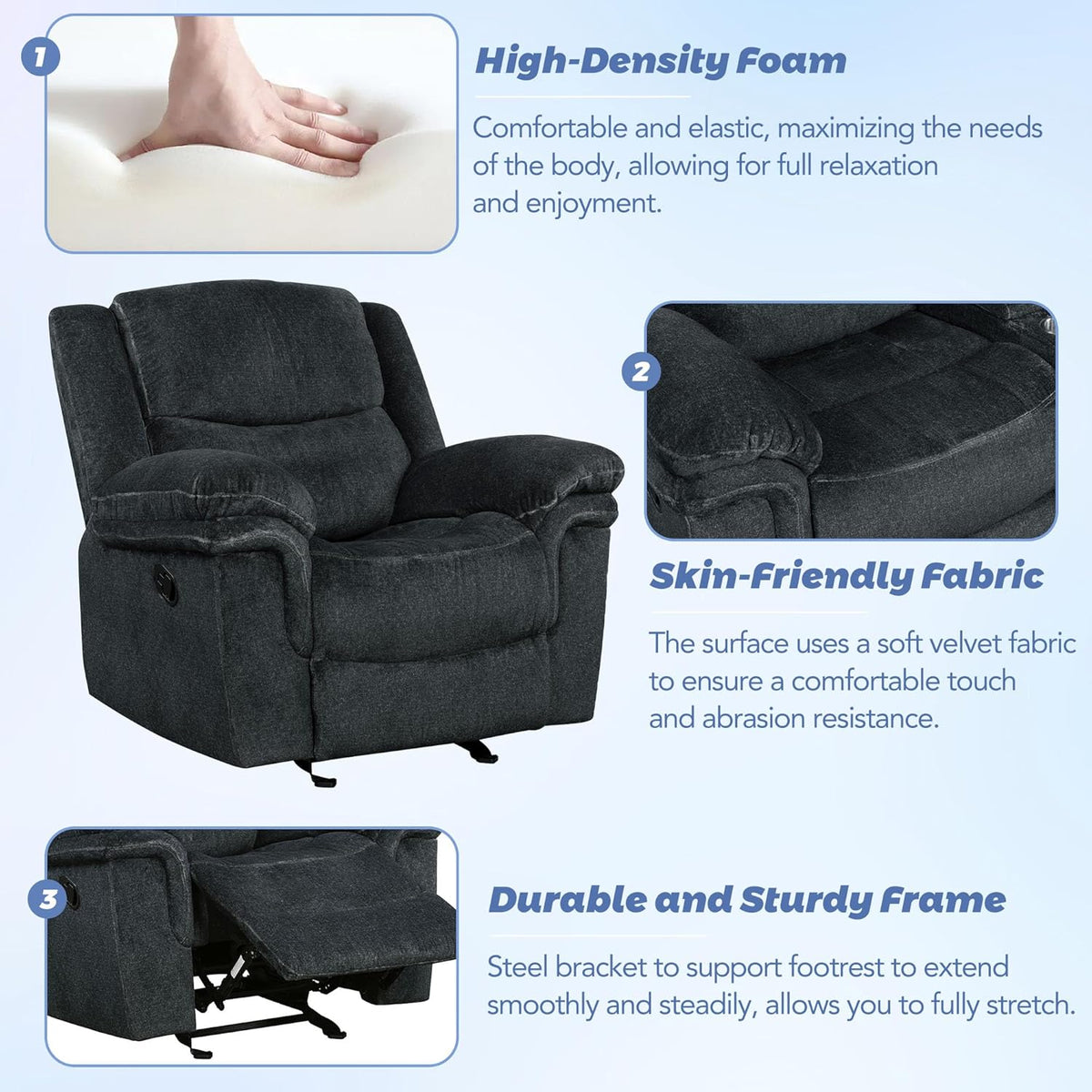 3-Piece Velvet Recliner Sofa Set with Cup Holders E429