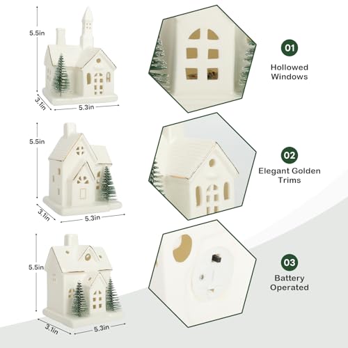 White Ceramic Christmas Village Houses 3Pcs with 4Pcs Trees LED Lighted Tabletop House Figurines E982552