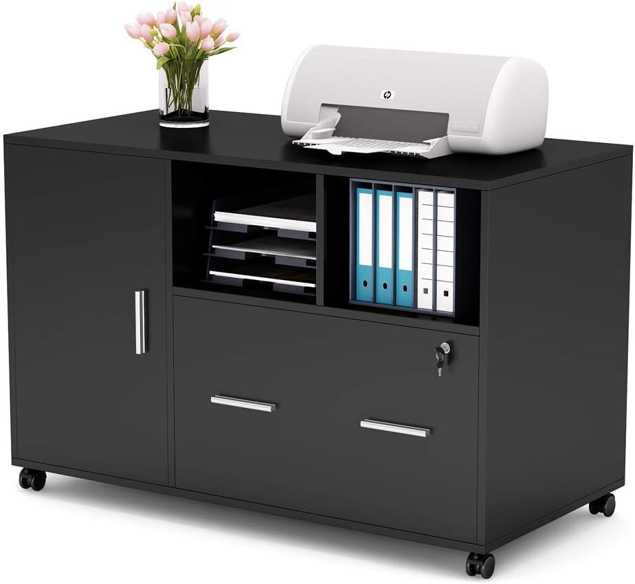Large Mobile File Cabinet with Lock Drawer Wheels Shelves Black L129377