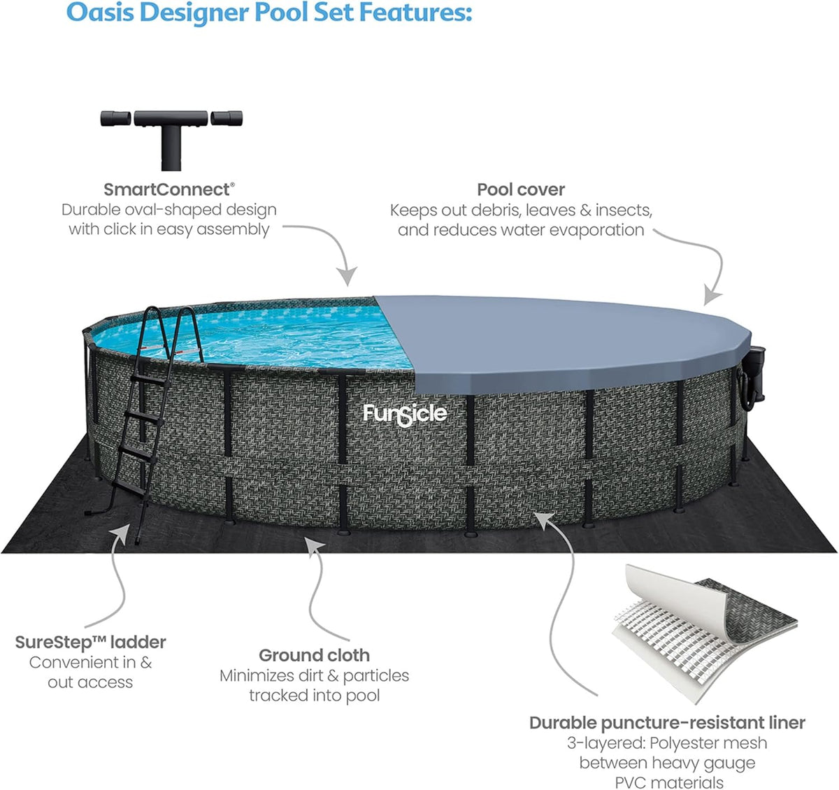 20' x 48" Round Frame Above Ground Swimming Pool with Pool Cover, Dark Herringbone Y326374