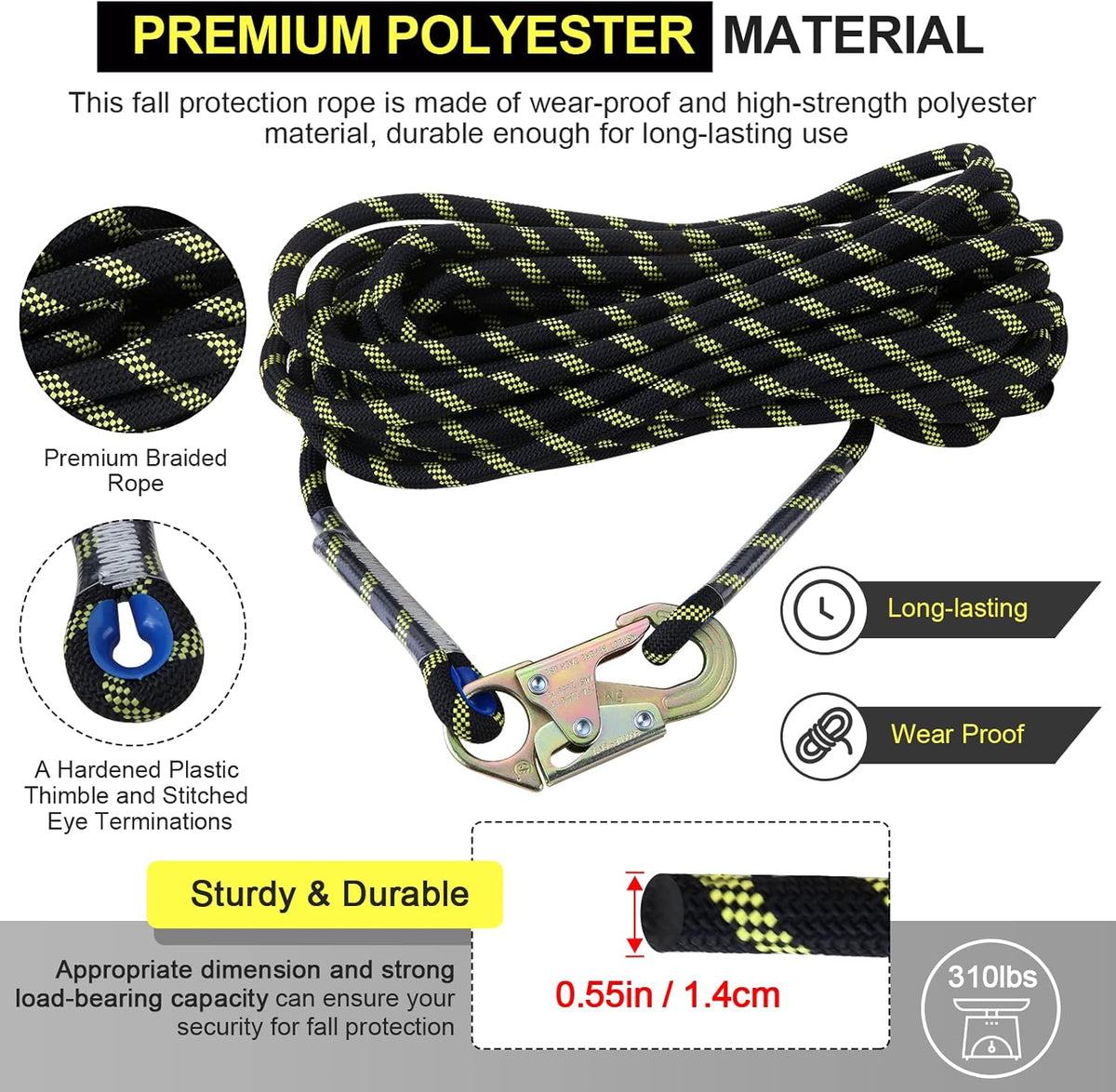 50 ft Vertical Lifeline Rope Assembly with Rope Grab Snap Hooks Y432