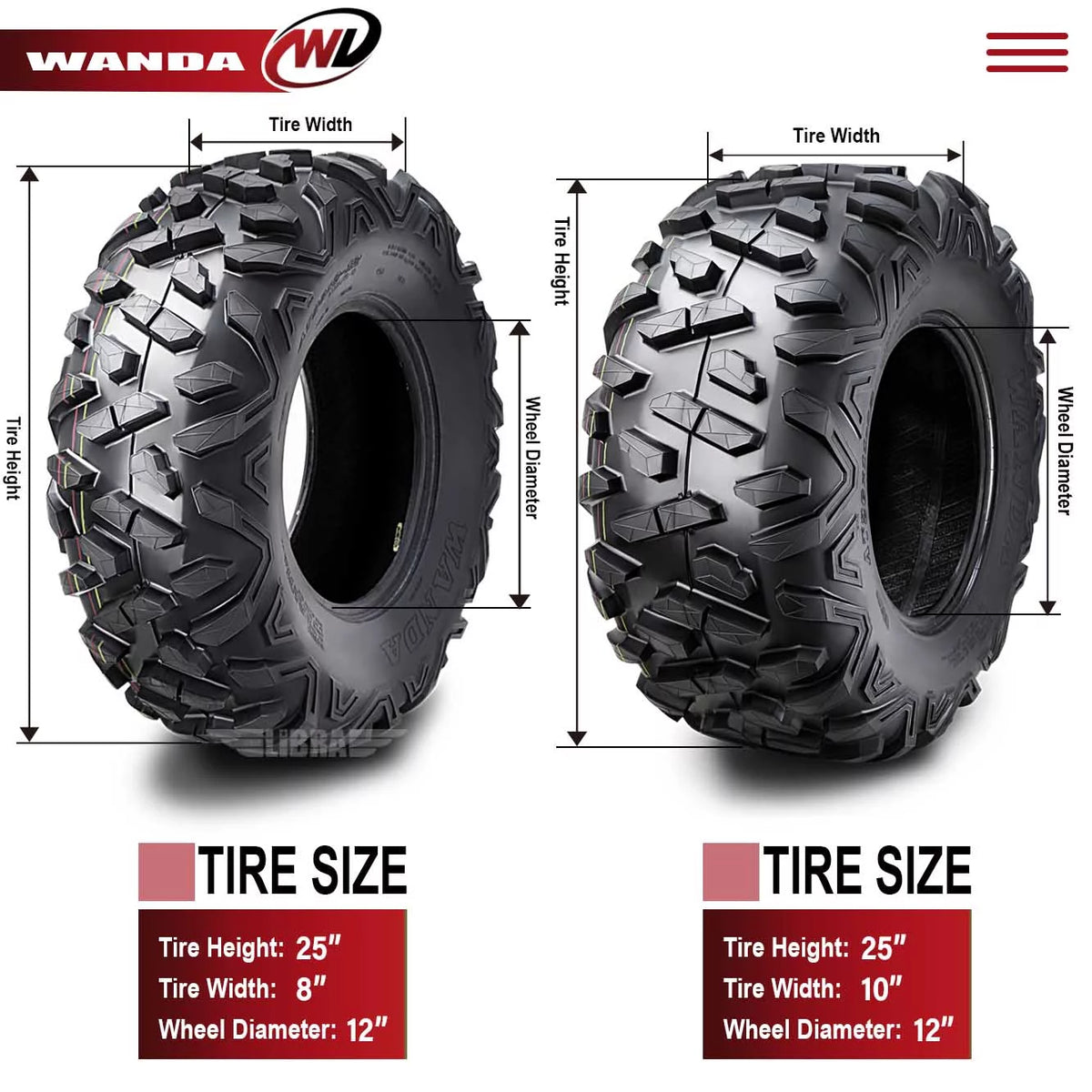 25x8-12 Front & 25x10-12 Rear 6PR ATV/UTV Tires Set 4 G5886