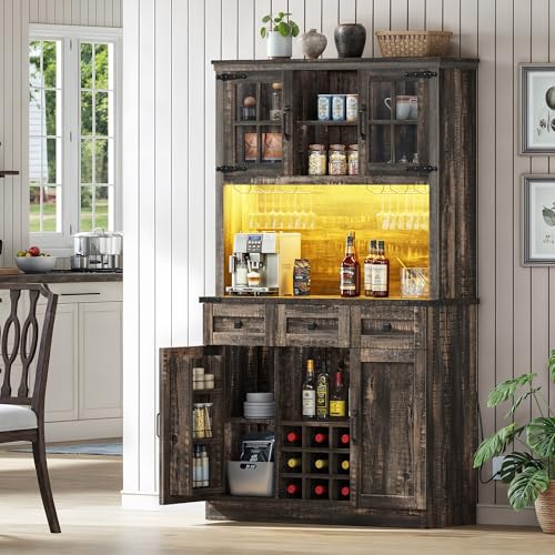 72" Dark Rustic Oak Coffee Bar Cabinet with Storage Shelves and 3 Drawers I517