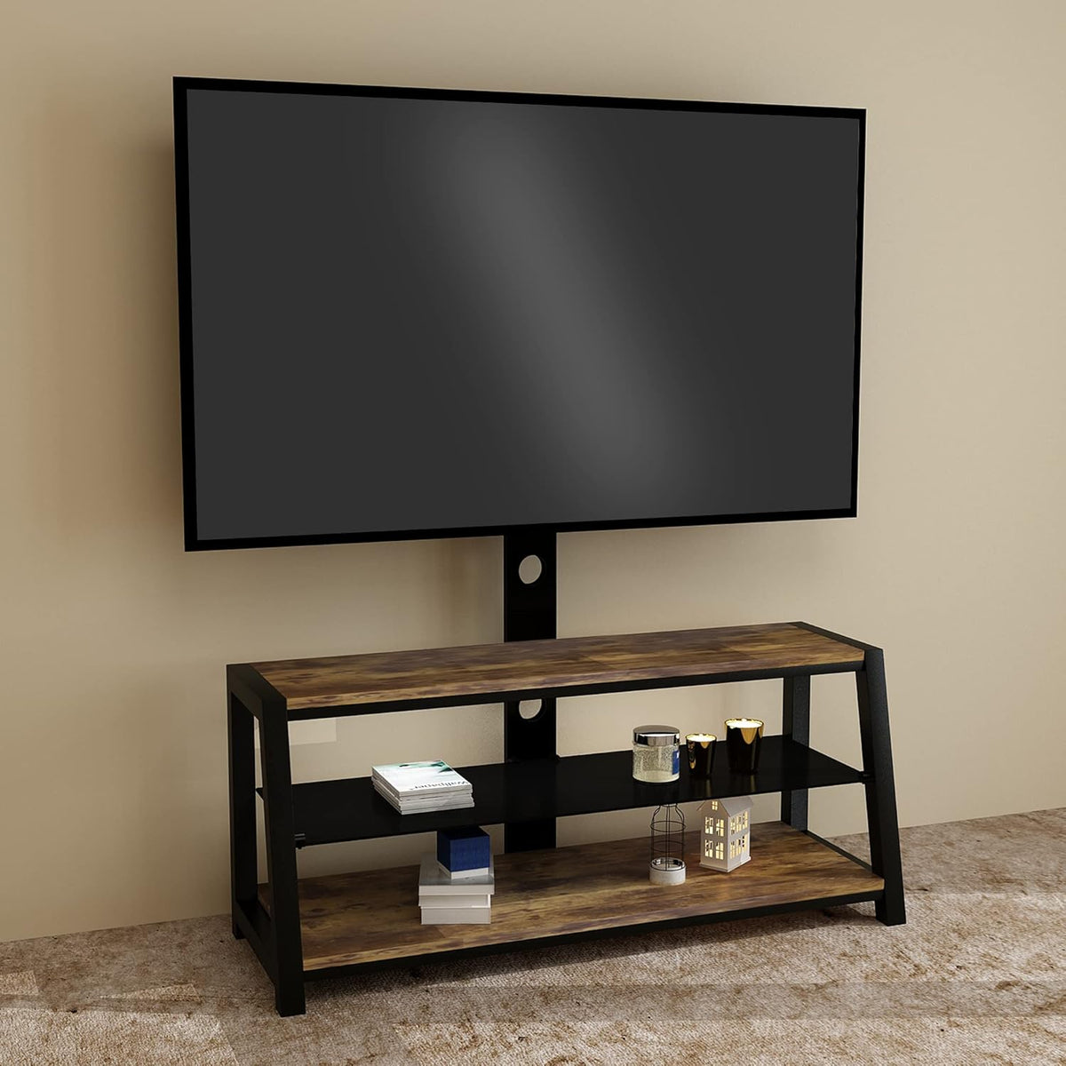 Swivel Floor TV Stand with Adjustable Tempered Wooden Shelves Y84422