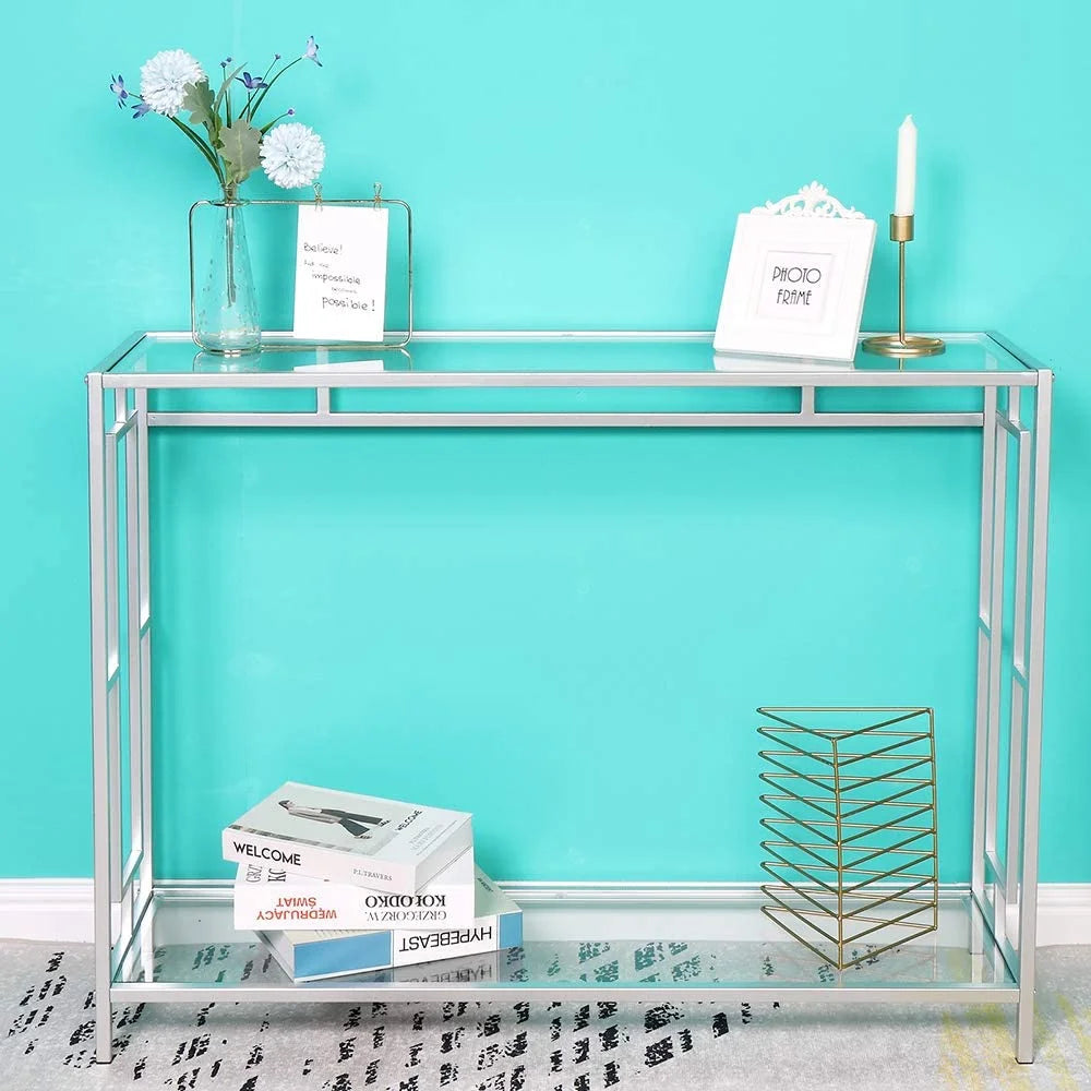 2-Tier Glass Console Table with Tempered Glass Top and Metal Frame E7670