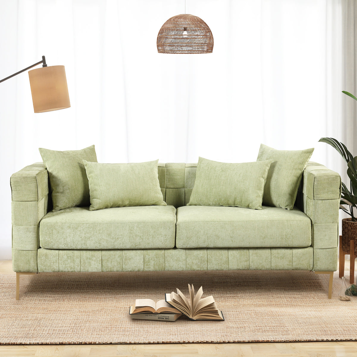 Green Upholstered Sofa with 4 Pillows and Golden Metal Legs T471850