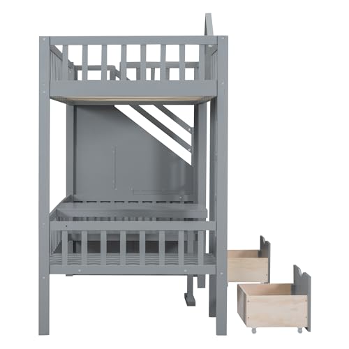 White Wooden Bunk Beds with Stairs and 2 Storage Drawers J312251