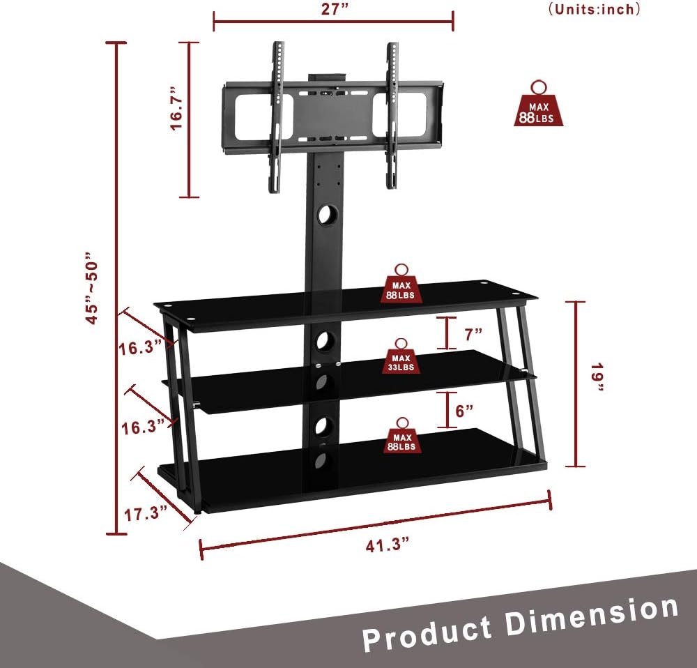 Swivel Floor TV Stand with Adjustable Tempered Wooden Shelves Y84422