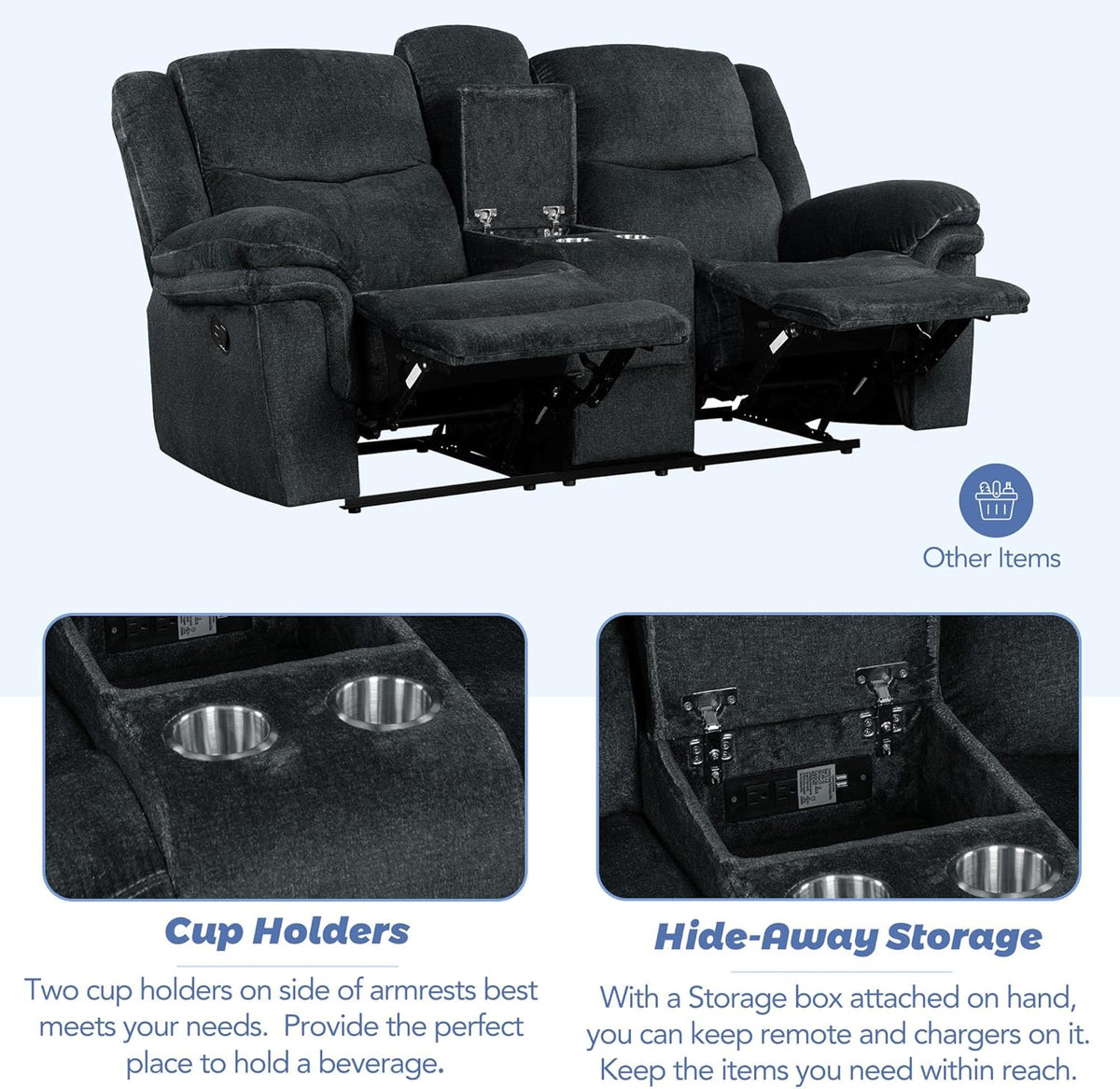 3-Piece Velvet Recliner Sofa Set with Cup Holders E429