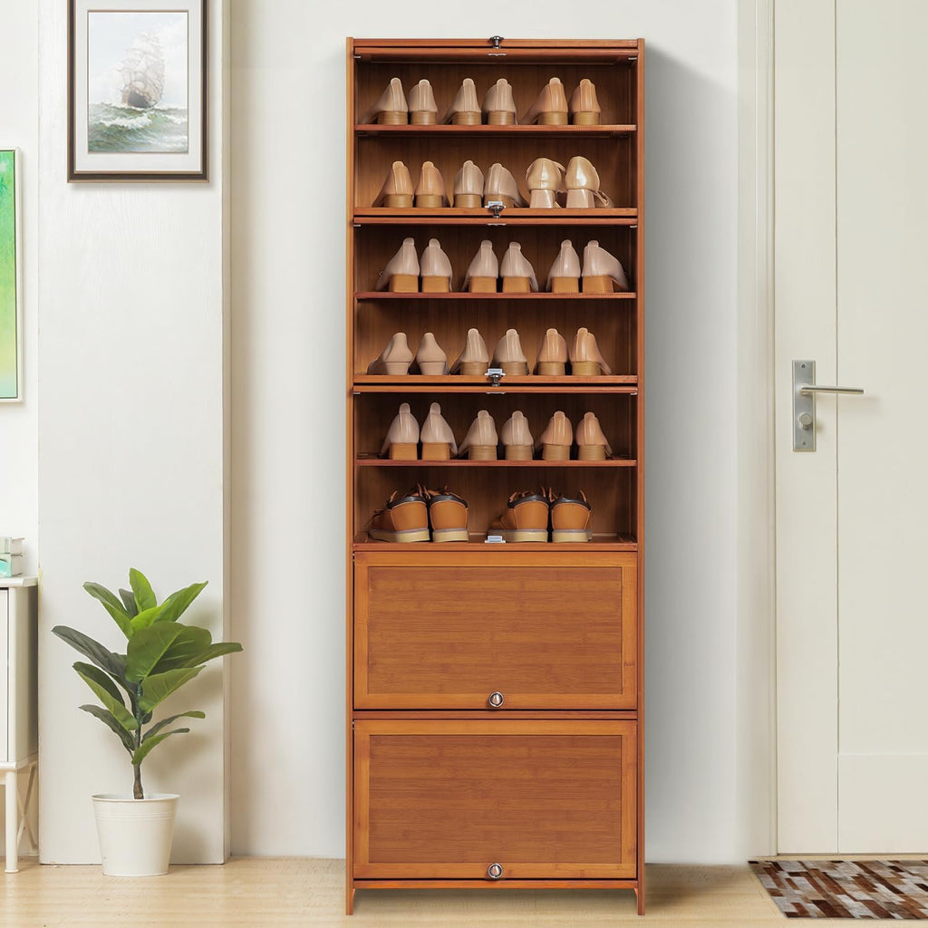 Tall Bamboo Shoe Storage Cabinet with Doors, 10 Tier Freestanding Shoe Shelf Rack B8831