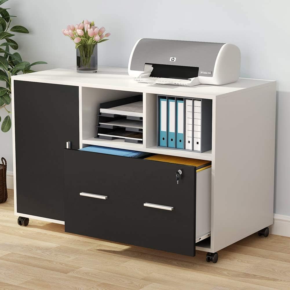 Large Mobile File Cabinet with Lock Drawer Wheels Shelves Black L129377