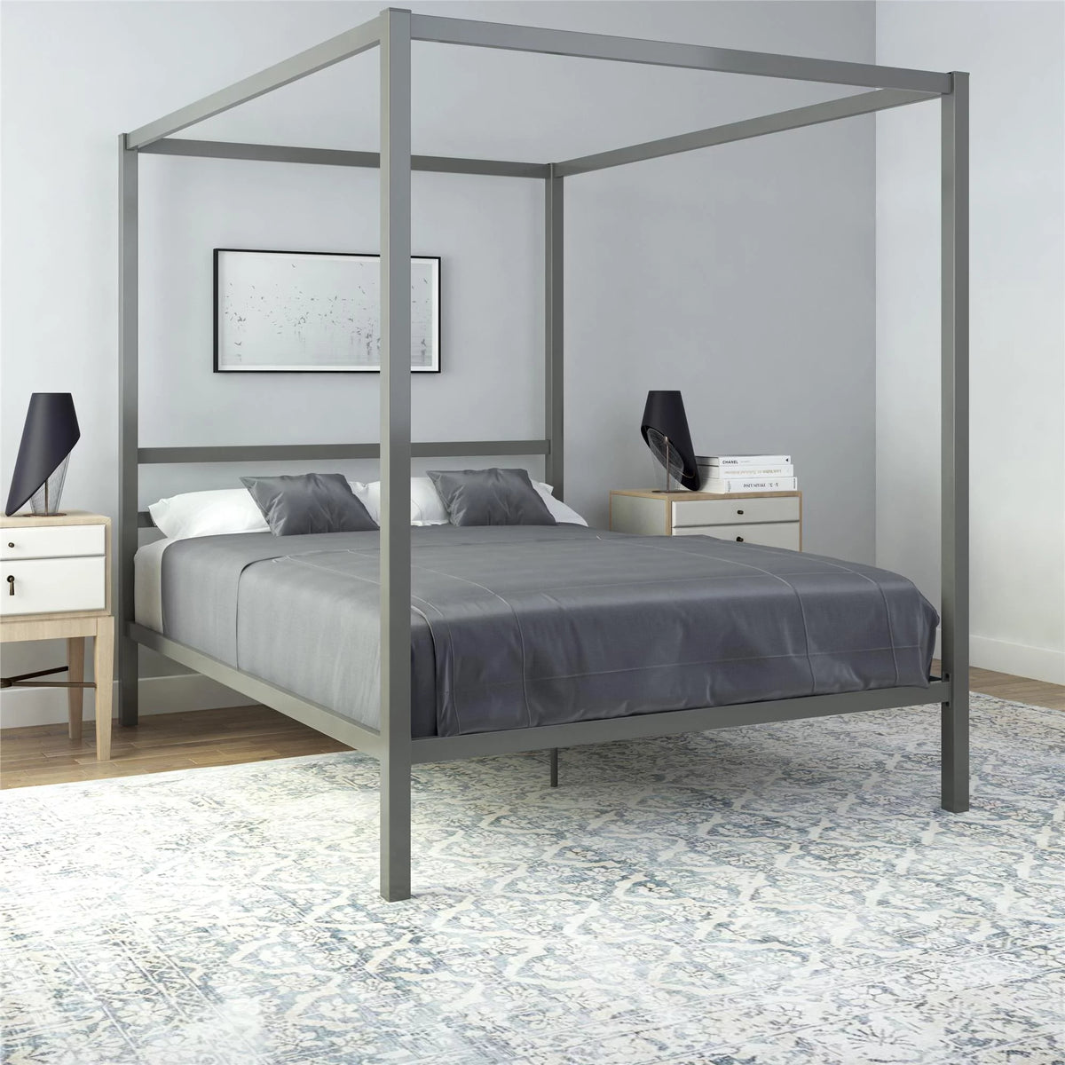 Queen Gunmetal Gray Metal Canopy Poster Bed C869808