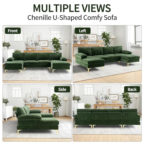Green Chenille 4 Seater U-Shaped Sectional Couch with Double Chaises and Metal Legs N886