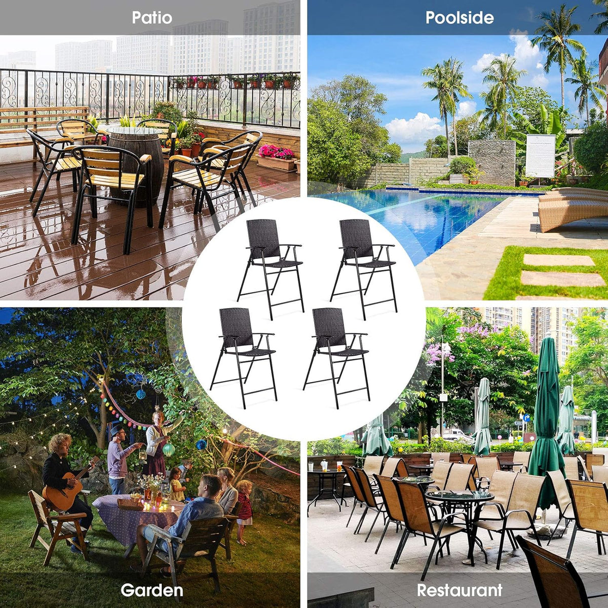 Set of 4 Folding Wicker Rattan Bar Stools with Back X739