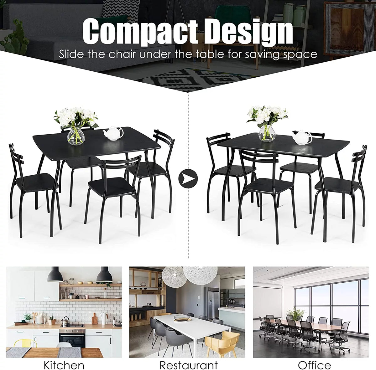 5 Piece Kitchen Dining Table Set with 4 Chairs Black E660