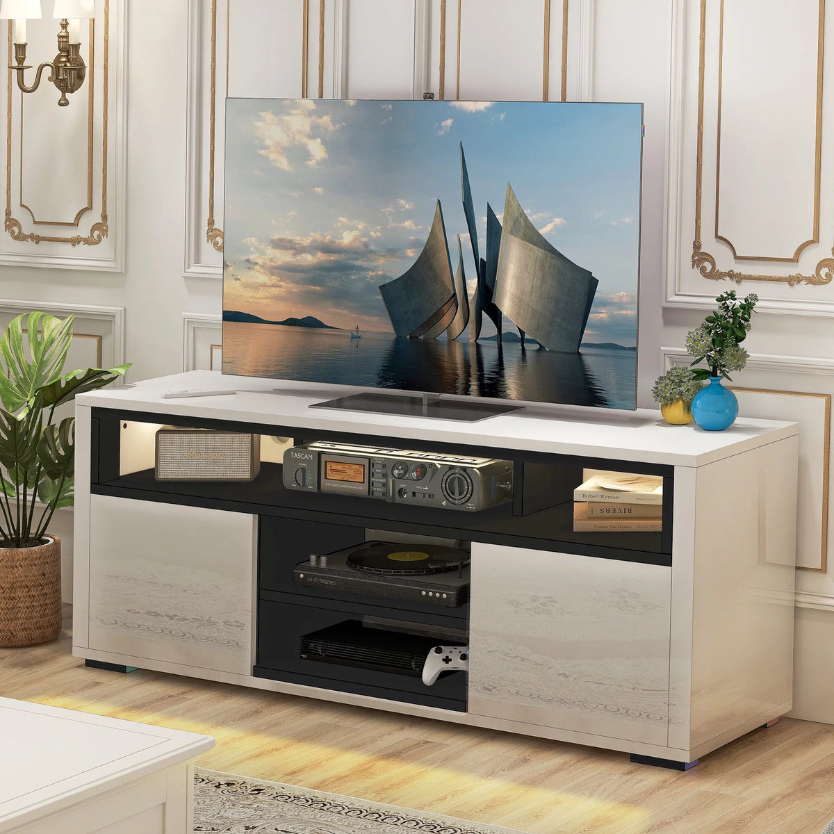 White High Gloss TV Stand with LED Lights B6082