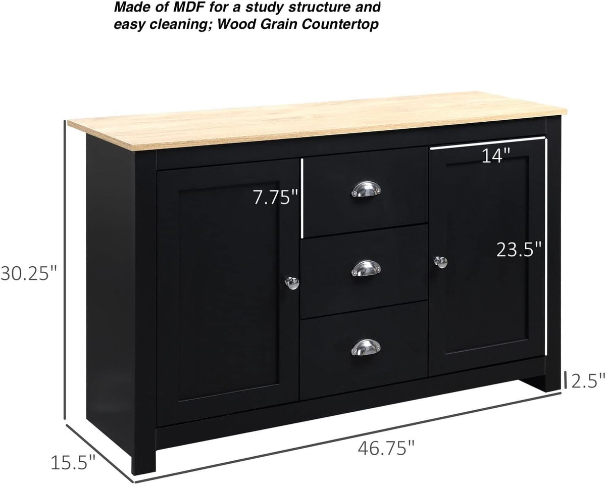 Black Kitchen Sideboard Buffet Storage Cabinet with 2 Side Cabinets 3 Drawers F9734