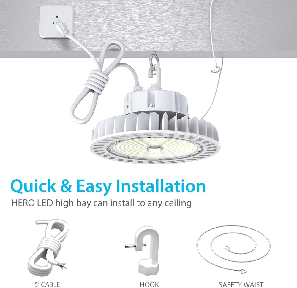 High Bay LED Light 100W 13500LM 4000K CRI>80 1-10V Dimmable 5' Cable with 110V Plug Hanging Hook UL Listed Pack of 2 T35774