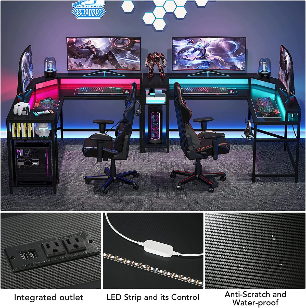 Black L-Shaped Gaming Desk with LED Strips M8459