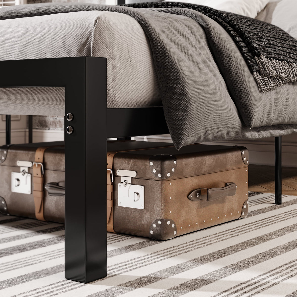 Black Queen Size Metal Platform Bed Frame with Leather Headboard S753525