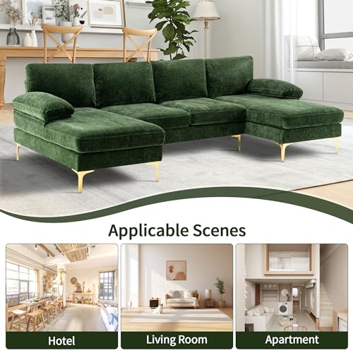 Green Chenille 4 Seater U-Shaped Sectional Couch with Double Chaises and Metal Legs N886