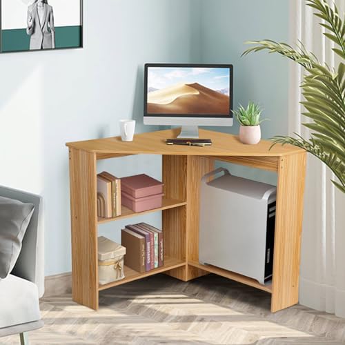 Light Brown Corner Desk with Drawers and Open Shelves J6770