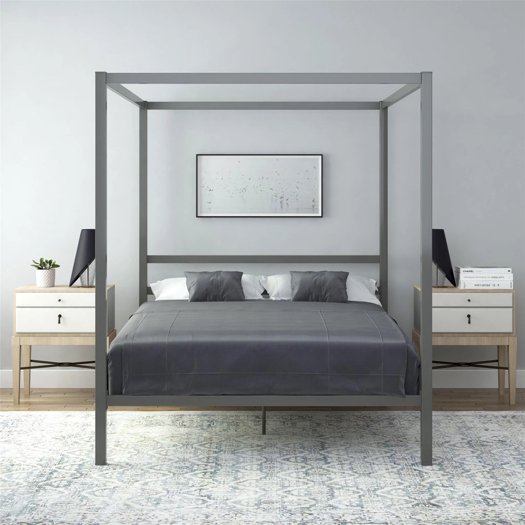 Queen Gunmetal Gray Metal Canopy Poster Bed C869808