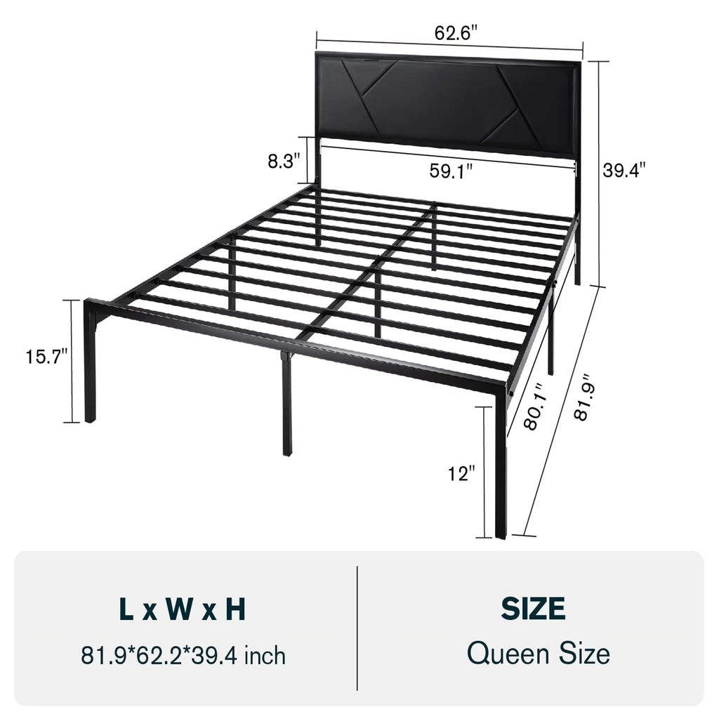 Black Queen Size Metal Platform Bed Frame with Leather Headboard S753525