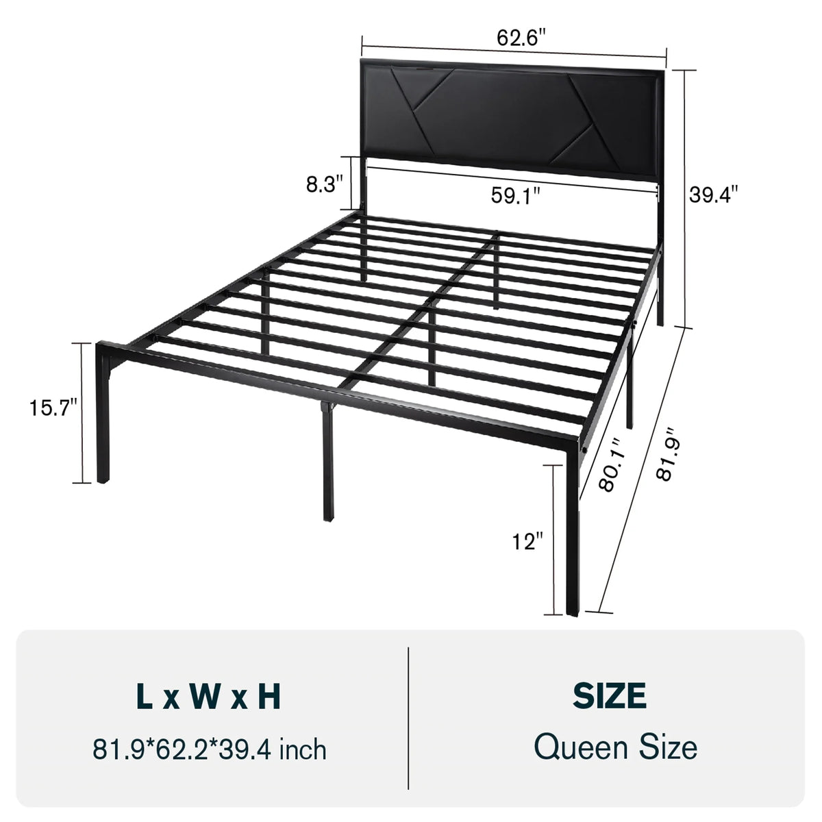 Black Queen Size Metal Platform Bed Frame with Leather Headboard S753525