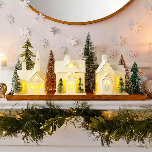 White Ceramic Christmas Village Houses 3Pcs with 4Pcs Trees LED Lighted Tabletop House Figurines E982552