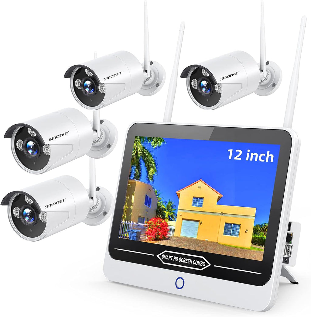 3MP Wireless Security Camera System with 12" Monitor 2TB Hard Drive, 8CH NVR Kit, 4Pcs Outdoor Indoor CCTV IP Cameras M7691