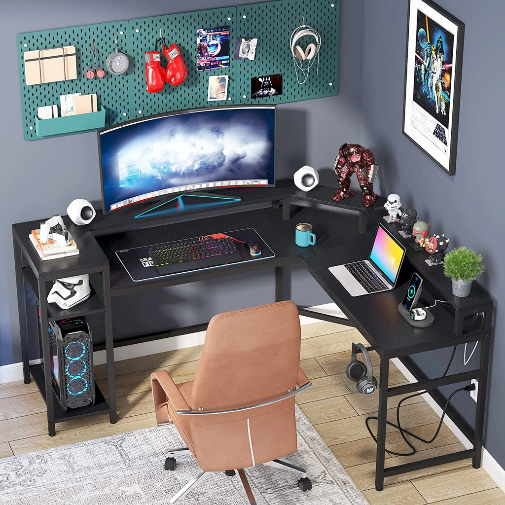Black L-Shaped Gaming Desk with LED Strips M8459