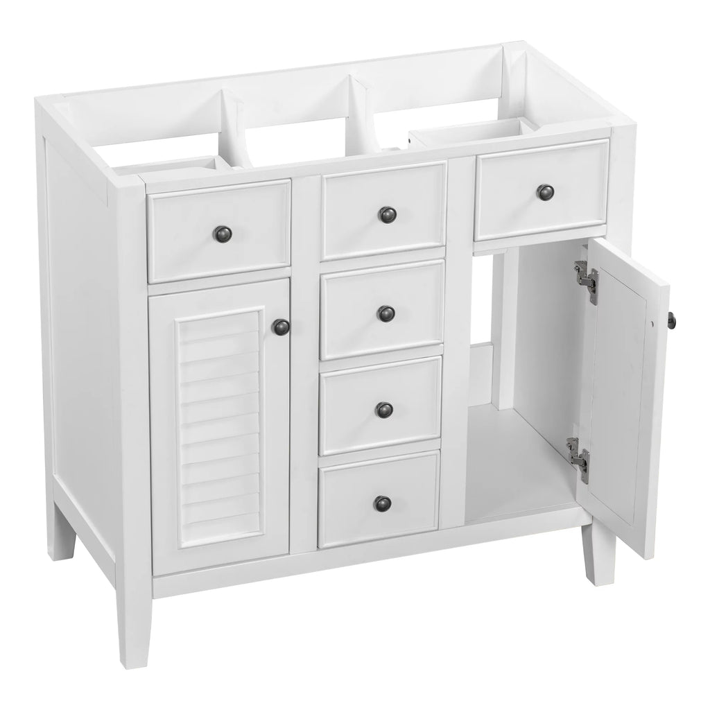 36" White Bathroom Vanity Base Only with 5 Drawers, 2 Doors, Solid Wood Frame O49837