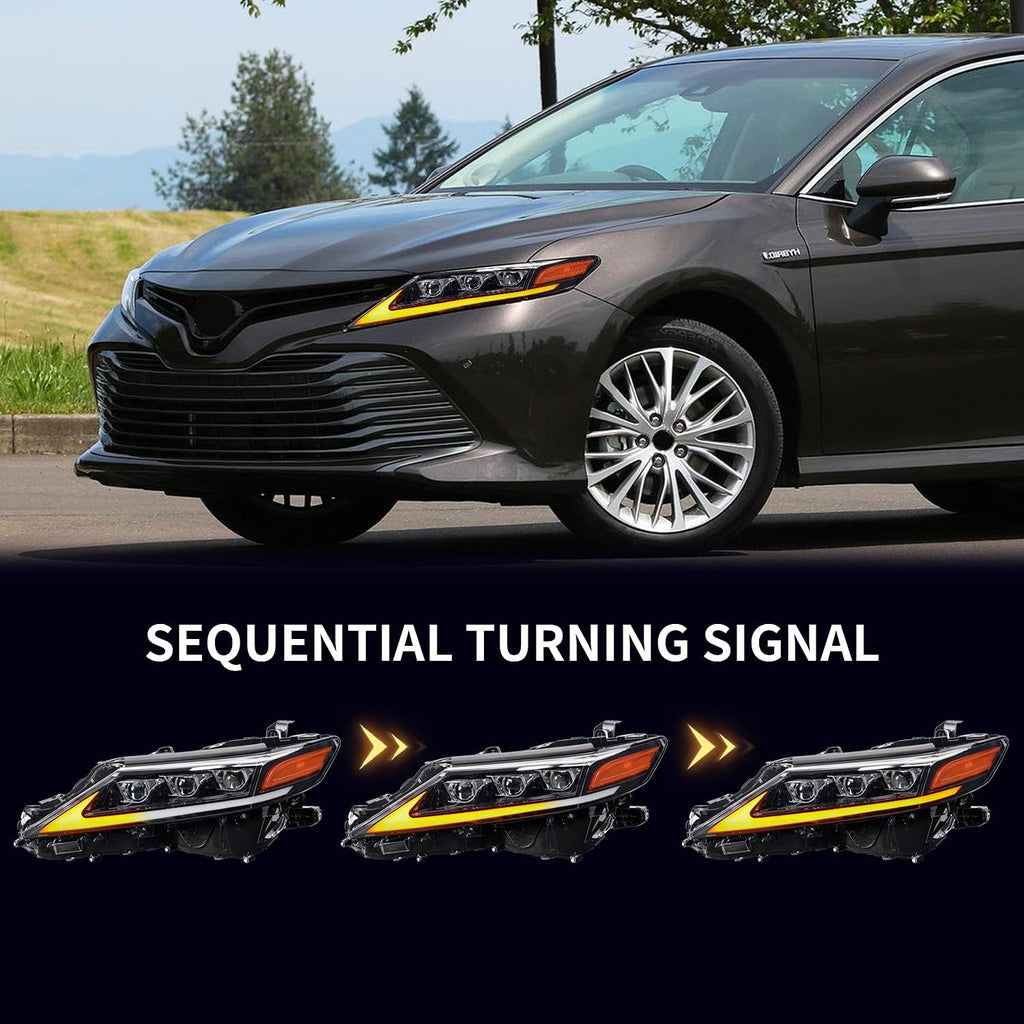 Full LED Projector Headlamp with Sequential Turn Signal DRL for Camry 2018 2019 2020 2021, A Pair Q30014