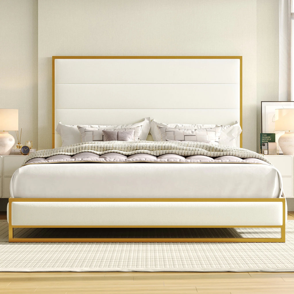 King Size Off-white Velvet Upholstered Platform Bed O12419
